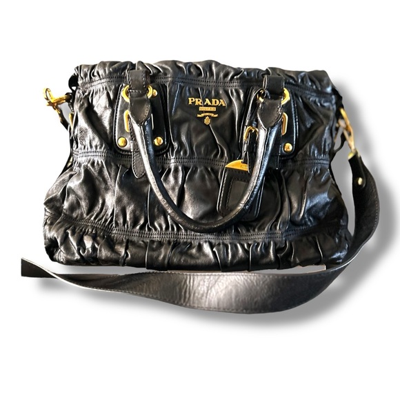 PRADA Ruched Gaufre Leather Top Handle Bag Crossbody Handbag Buttery Soft - Picture 5 of 17